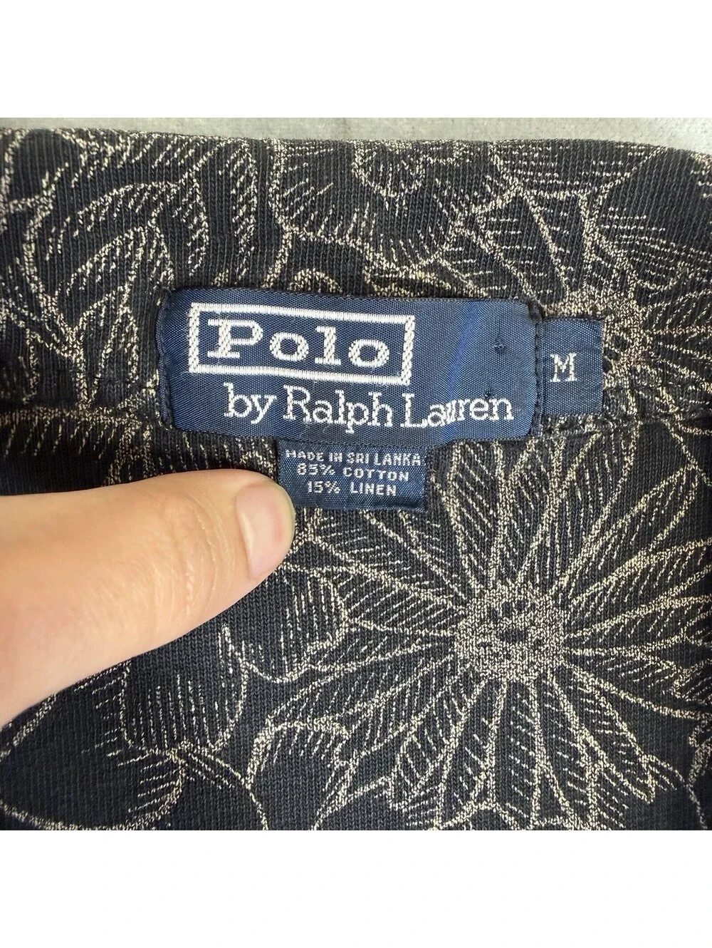 VTG 90s Polo Ralph Lauren Polo Shirt Mens Medium Black Floral Linen Cotton Blend